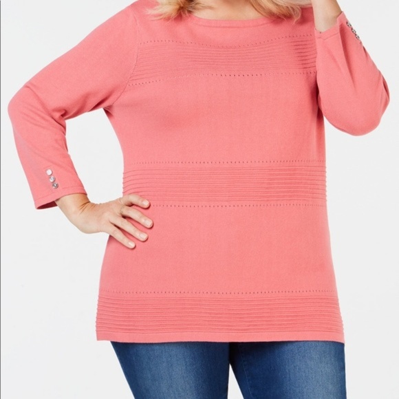 Karen Scott Women/'s Gray 3//4 Sleeve Grommet Knit Sweater Top Size Medium $46